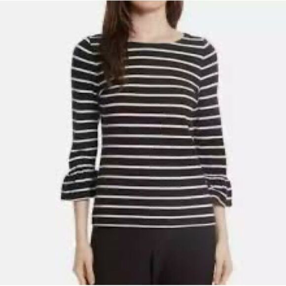 Kate Spade Broome Street Black & White Stripe Cotton Top 3/4 Sleeve with Ruffle. - Picture 1 of 8